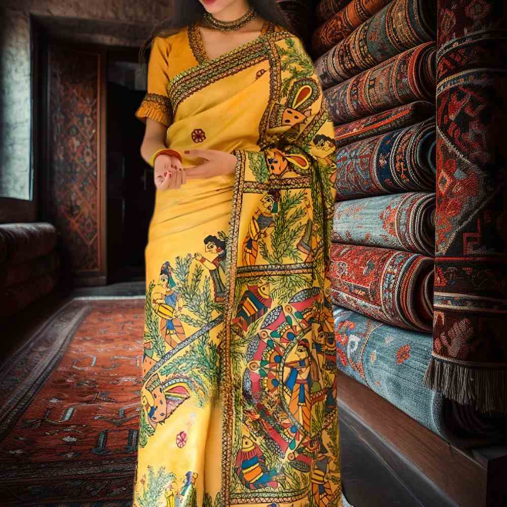 Madhubani Paints Handpainted Madhubani GAUNA YELLOW Tussar Silk Saree